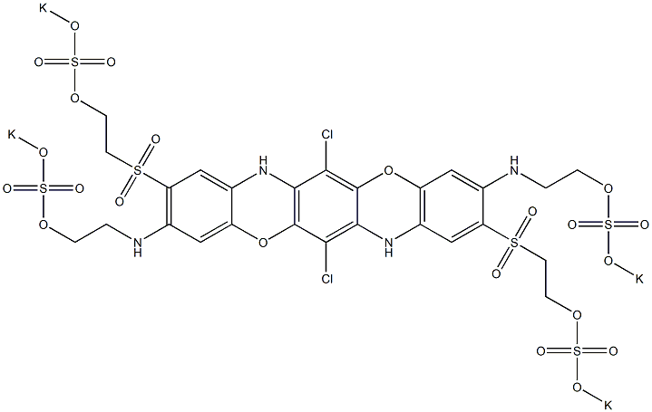 6,13-ジクロロ-3,10-ビス[2-(ポタシオオキシスルホニルオキシ)エチルアミノ]-2,9-ビス[2-(ポタシオオキシスルホニルオキシ)エチルスルホニル]-5,12-ジオキサ-7,14-ジアザペンタセン 化学構造式