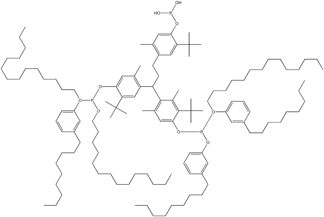 [3-Methyl-1,1,3-propanetriyltris(2-tert-butyl-5-methyl-4,1-phenyleneoxy)]tris(phosphonous acid)O,O',O''-tritetradecyl O,O',O''-tris(3-nonylphenyl) ester,,结构式