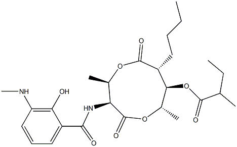 2-Methylbutanoic acid (3S,4R,7R,8R,9S)-3-[(3-methylamino-2-hydroxybenzoyl)amino]-4,9-dimethyl-2,6-dioxo-7-butyl-1,5-dioxonan-8-yl ester 结构式