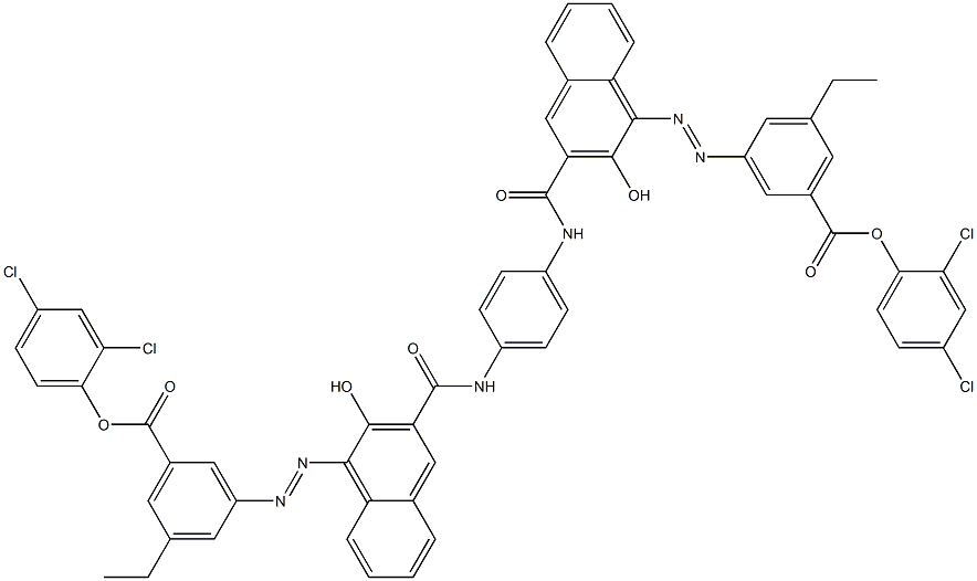 1,4-Bis[1-[[3-ethyl-5-(2,4-dichlorophenoxycarbonyl)phenyl]azo]-2-hydroxy-3-naphthoylamino]benzene,,结构式