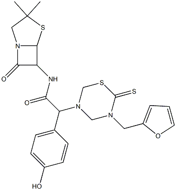 7-Oxo-3,3-dimethyl-6-[[[(tetrahydro-2-thioxo-3-(2-furanylmethyl)-2H-1,3,5-thiadiazin)-5-yl](4-hydroxyphenyl)acetyl]amino]-4-thia-1-azabicyclo[3.2.0]heptane Structure