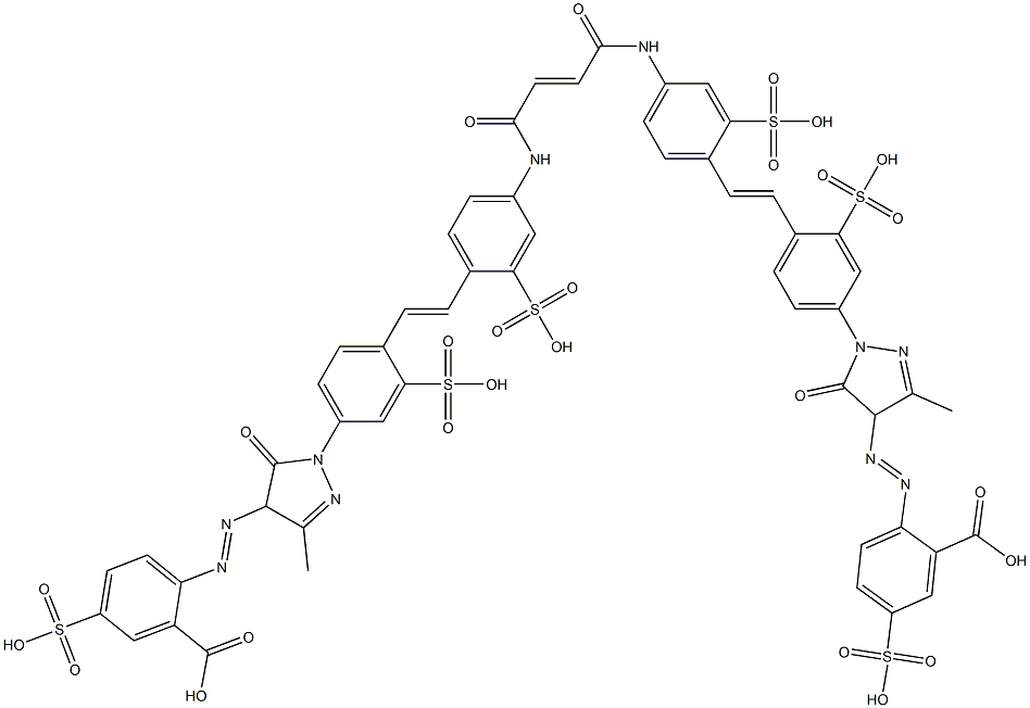 N,N'-ビス[4-[4-[4-(2-カルボキシ-4-スルホフェニルアゾ)-3-メチル-5-オキソ-2-ピラゾリン-1-イル]-2-スルホスチリル]-3-スルホフェニル]フマルアミド 化学構造式