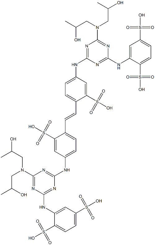 2,2'-[1,2-エテンジイルビス[(3-スルホ-4,1-フェニレン)イミノ[6-[ビス(2-ヒドロキシプロピル)アミノ]-1,3,5-トリアジン-4,2-ジイル]イミノ]]ビス(1,4-ベンゼンジスルホン酸) 化学構造式