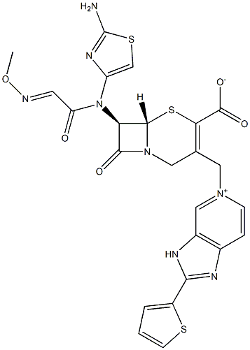 (7R)-7-[(2-アミノ-4-チアゾリル)(メトキシイミノ)アセチルアミノ]-3-[[2-(2-チエニル)-(3H-イミダゾ[4,5-c]ピリジン-5-イウム)-5-イル]メチル]セファム-3-エン-4-カルボン酸 化学構造式