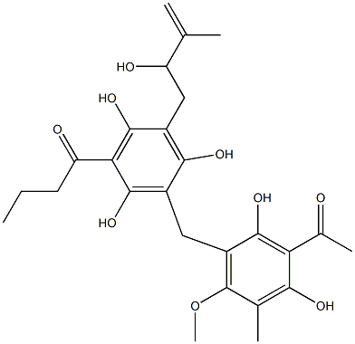 3'-(3-Acetyl-2,4-dihydroxy-5-methyl-6-methoxybenzyl)-2',4',6'-trihydroxy-5'-(2-hydroxy-3-methyl-3-butenyl)butyrophenone Structure