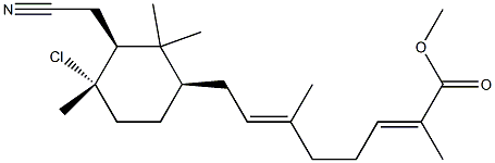 (1S,2S,4R)-1-クロロ-2-(シアノメチル)-1,3,3-トリメチルシクロヘキサン-4-[(2E,6E)-2,6-ジメチル-2,6-オクタジエン酸メチル] 化学構造式