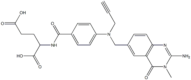 2-[4-[N-[(2-アミノ-3,4-ジヒドロ-3-メチル-4-オキソキナゾリン)-6-イルメチル]-N-(2-プロピニル)アミノ]ベンゾイルアミノ]グルタル酸 化学構造式