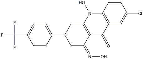 7-クロロ-1,2,3,4-テトラヒドロ-1-(ヒドロキシイミノ)-10-ヒドロキシ-3-[4-(トリフルオロメチル)フェニル]アクリジン-9(10H)-オン 化学構造式