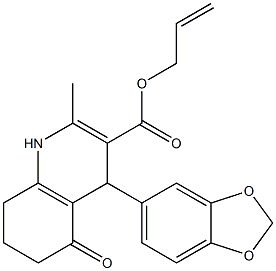 1,4,5,6,7,8-ヘキサヒドロ-5-オキソ-2-メチル-4-(1,3-ベンゾジオキソール-5-イル)キノリン-3-カルボン酸(2-プロペニル) 化学構造式