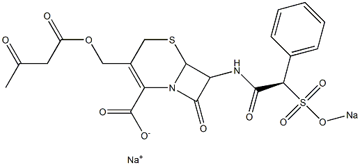 8-Oxo-3-(3-oxobutyryloxymethyl)-7-[[(2R)-2-phenyl-2-(sodiooxysulfonyl)acetyl]amino]-5-thia-1-azabicyclo[4.2.0]oct-2-ene-2-carboxylic acid sodium salt,,结构式