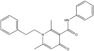 N-フェニル-1-フェネチル-1,4-ジヒドロ-2,6-ジメチル-4-オキソピリジン-3-カルボアミド 化学構造式