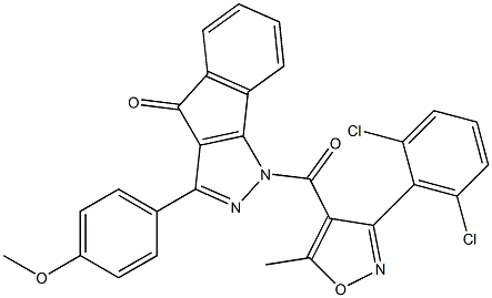 1-((3-(2,6-Dichlorophenyl)-5-methylisoxazol-4-yl)carbonyl)-3-(4-methoxyphenyl)indeno[2,3-d]pyrazol-4-one 化学構造式