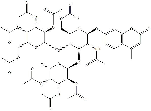 4-Methylumbelliferyl2-acetamido-3-O-(2,3,4-tri-O-acetyl-a-L-fucopyranosyl)-4-O-(2,3,4,6-tetra-O-acetyl-b-D-galactopyranosyl)-6-O-acetyl-2-deoxy-b-D-glucopyranoside Structure