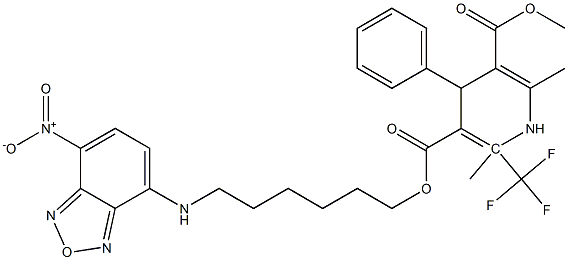 5-methyl 3-(6-(7-nitrobenz-2-oxa-1,3-diazol-4-yl)amino)hexyl 1,4-dihydro-2,6-dimethyl-4-(2-trifluoromethyl)phenyl-3,5-pyridinedicarboxylate 化学構造式