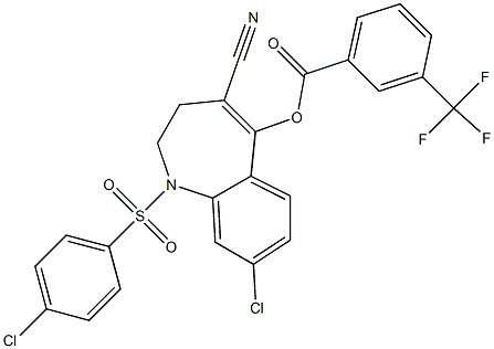 8-chloro-1-[(4-chlorophenyl)sulfonyl]-4-cyano-2,3-dihydro-1H-1-benzazepin-5-yl 3-(trifluoromethyl)benzoate 结构式