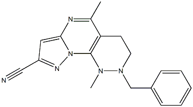 2-benzyl-1,5-dimethyl-1,2,3,4-tetrahydropyrazolo[5',1':2,3]pyrimido[4,5-c]pyridazine-8-carbonitrile,,结构式
