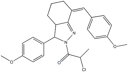 2-Chloro-1-[7-(4-methoxy-benzylidene)-3-(4-methoxy-phenyl)-3,3a,4,5,6,7-hexahydro-indazol-2-yl]-propan-1-one,,结构式