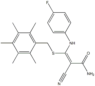 2-cyano-3-(4-fluoroanilino)-3-[(2,3,4,5,6-pentamethylbenzyl)thio]acrylamide|