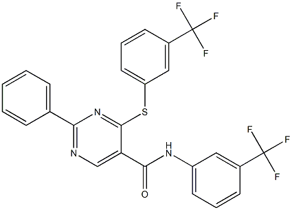 2-phenyl-N-[3-(trifluoromethyl)phenyl]-4-{[3-(trifluoromethyl)phenyl]sulfanyl}-5-pyrimidinecarboxamide Struktur