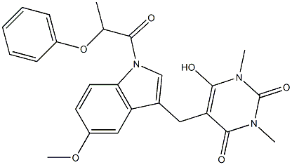 6-hydroxy-5-{[5-methoxy-1-(2-phenoxypropanoyl)-1H-indol-3-yl]methyl}-1,3-dimethyl-2,4(1H,3H)-pyrimidinedione,,结构式