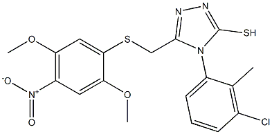 4-(3-chloro-2-methylphenyl)-5-{[(2,5-dimethoxy-4-nitrophenyl)thio]methyl}-4H-1,2,4-triazole-3-thiol,,结构式