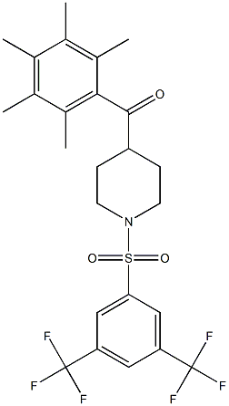 (1-{[3,5-di(trifluoromethyl)phenyl]sulfonyl}-4-piperidyl)(2,3,4,5,6-pentamethylphenyl)methanone Struktur