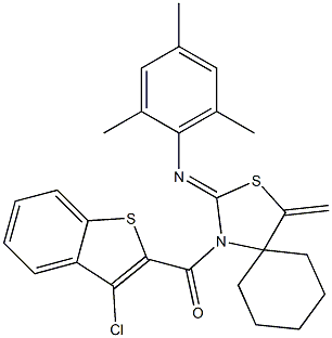 (3-chlorobenzo[b]thiophen-2-yl)[2-(mesitylimino)-4-methylidene-3-thia-1-azaspiro[4.5]dec-1-yl]methanone 化学構造式