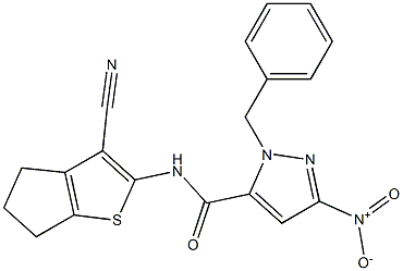 1-benzyl-N-(3-cyano-5,6-dihydro-4H-cyclopenta[b]thien-2-yl)-3-nitro-1H-pyrazole-5-carboxamide,,结构式