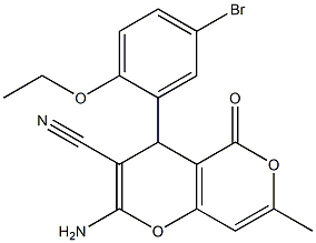 2-amino-4-(5-bromo-2-ethoxyphenyl)-7-methyl-5-oxo-4H,5H-pyrano[4,3-b]pyran-3-carbonitrile,,结构式