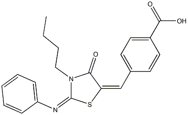 4-{[3-butyl-4-oxo-2-(phenylimino)-1,3-thiazolidin-5-ylidene]methyl}benzoic acid Struktur