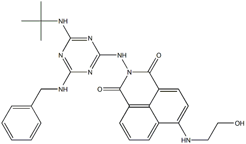 2-{[4-(benzylamino)-6-(tert-butylamino)-1,3,5-triazin-2-yl]amino}-6-[(2-hydroxyethyl)amino]-1H-benzo[de]isoquinoline-1,3(2H)-dione Struktur