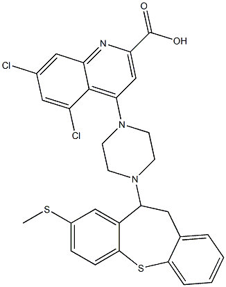 5,7-dichloro-4-{4-[8-(methylsulfanyl)-10,11-dihydrodibenzo[b,f]thiepin-10-yl]-1-piperazinyl}-2-quinolinecarboxylic acid 结构式