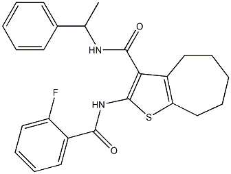 2-[(2-fluorobenzoyl)amino]-N-(1-phenylethyl)-5,6,7,8-tetrahydro-4H-cyclohepta[b]thiophene-3-carboxamide 化学構造式