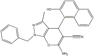 6-amino-1-benzyl-4-(2-hydroxy-1-naphthyl)-3-methyl-1,4-dihydropyrano[2,3-c]pyrazole-5-carbonitrile Struktur
