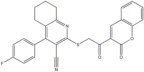 4-(4-fluorophenyl)-2-{[2-oxo-2-(2-oxo-2H-chromen-3-yl)ethyl]sulfanyl}-5,6,7,8-tetrahydro-3-quinolinecarbonitrile 化学構造式