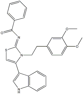 N-(3-[2-(3,4-dimethoxyphenyl)ethyl]-4-(1H-indol-3-yl)-1,3-thiazol-2(3H)-ylidene)benzamide Struktur