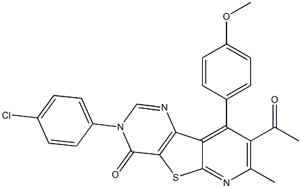 8-acetyl-3-(4-chlorophenyl)-9-(4-methoxyphenyl)-7-methylpyrido[3',2':4,5]thieno[3,2-d]pyrimidin-4(3H)-one Struktur