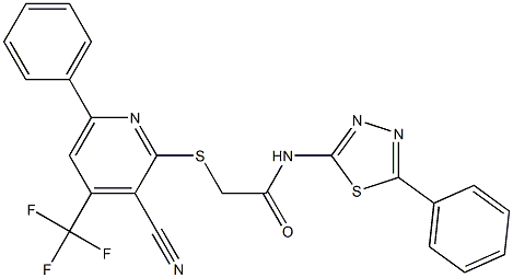 2-{[3-cyano-6-phenyl-4-(trifluoromethyl)-2-pyridinyl]sulfanyl}-N-(5-phenyl-1,3,4-thiadiazol-2-yl)acetamide 结构式