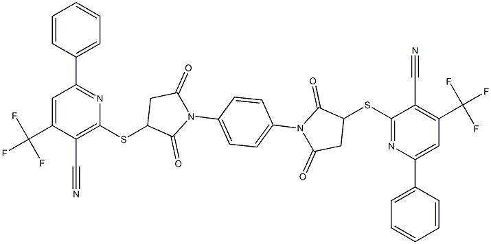 2-({1-[4-(3-{[3-cyano-6-phenyl-4-(trifluoromethyl)-2-pyridinyl]sulfanyl}-2,5-dioxo-1-pyrrolidinyl)phenyl]-2,5-dioxo-3-pyrrolidinyl}sulfanyl)-6-phenyl-4-(trifluoromethyl)nicotinonitrile Struktur