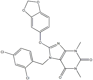 8-(1,3-benzodioxol-5-yloxy)-7-(2,4-dichlorobenzyl)-1,3-dimethyl-3,7-dihydro-1H-purine-2,6-dione,,结构式