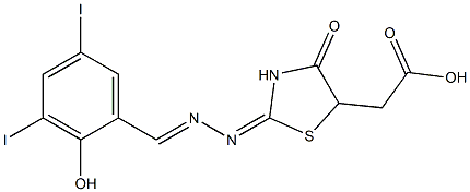 {2-[(2-hydroxy-3,5-diiodobenzylidene)hydrazono]-4-oxo-1,3-thiazolidin-5-yl}acetic acid,,结构式