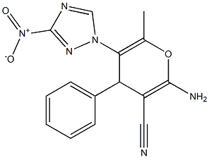 2-amino-5-{3-nitro-1H-1,2,4-triazol-1-yl}-6-methyl-4-phenyl-4H-pyran-3-carbonitrile Struktur