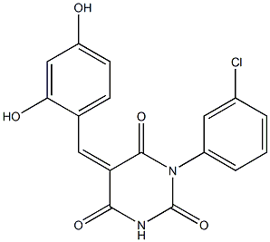 1-(3-chlorophenyl)-5-(2,4-dihydroxybenzylidene)-2,4,6(1H,3H,5H)-pyrimidinetrione 化学構造式