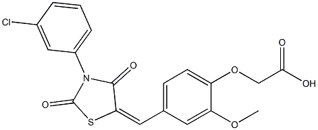 (4-{[3-(3-chlorophenyl)-2,4-dioxo-1,3-thiazolidin-5-ylidene]methyl}-2-methoxyphenoxy)acetic acid 化学構造式