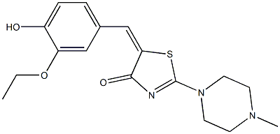 5-(3-ethoxy-4-hydroxybenzylidene)-2-(4-methyl-1-piperazinyl)-1,3-thiazol-4(5H)-one 化学構造式