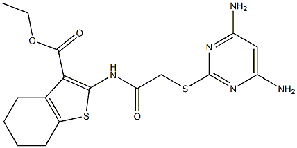 ethyl 2-({[(4,6-diamino-2-pyrimidinyl)sulfanyl]acetyl}amino)-4,5,6,7-tetrahydro-1-benzothiophene-3-carboxylate Struktur