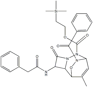 2-(trimethylsilyl)ethyl 8-benzoyl-10-methyl-4-oxo-3-[(phenylacetyl)amino]-9-oxa-5,6,8-triazatricyclo[5.2.2.0~2,5~]undec-10-ene-6-carboxylate Structure