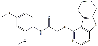 N-[2,4-bis(methyloxy)phenyl]-2-(5,6,7,8-tetrahydro[1]benzothieno[2,3-d]pyrimidin-4-ylsulfanyl)acetamide Struktur