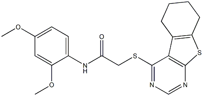 N-[2,4-bis(methyloxy)phenyl]-2-(5,6,7,8-tetrahydro[1]benzothieno[2,3-d]pyrimidin-4-ylsulfanyl)acetamide 化学構造式