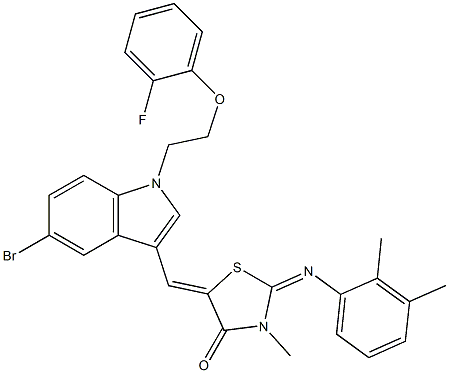 5-({5-bromo-1-[2-(2-fluorophenoxy)ethyl]-1H-indol-3-yl}methylene)-2-[(2,3-dimethylphenyl)imino]-3-methyl-1,3-thiazolidin-4-one Struktur